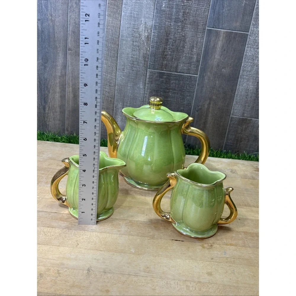 Vintage Pearl China Lime Green Lusterware Tea Set 22K Gold Teapot Creamer Sugar